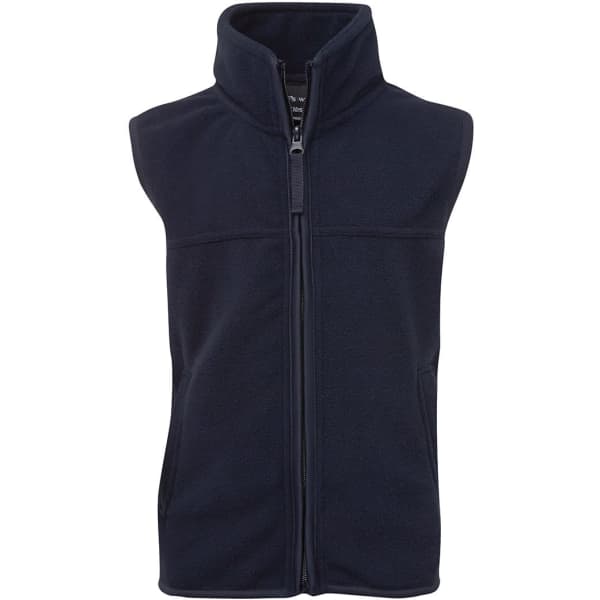 A navy polar vest with a zipped front and no sleeves, featuring two side pockets and a high collar.