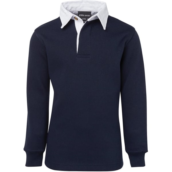 A navy rugby top with a white collar, featuring long sleeves and a logo on the collar.