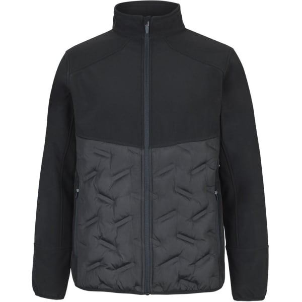 A black hybrid jacket featuring a padded front and smooth upper sections, with a zip closure and side pockets.