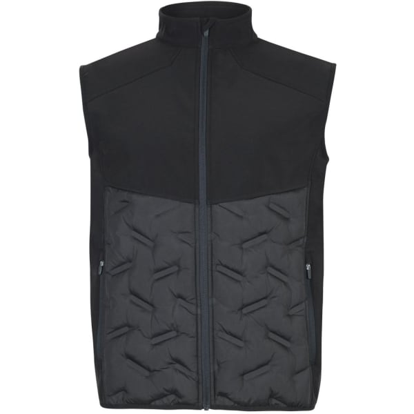 A black hybrid vest featuring a zip closure, with a padded lower section and two side pockets. It has a logo.