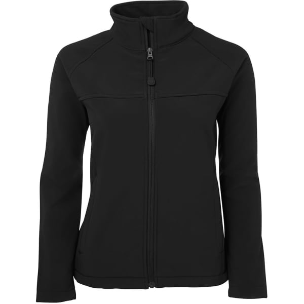 A black softshell jacket for women, featuring a zip front and a high collar. It includes a branding logo.