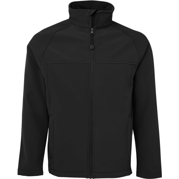 A black zip-up jacket with a high collar and smooth texture, featuring structured seam detailing and long sleeves.
