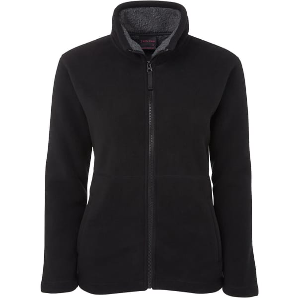 A black ladies' fleece jacket with a zip front, high collar, and soft inner lining. It features a logo.