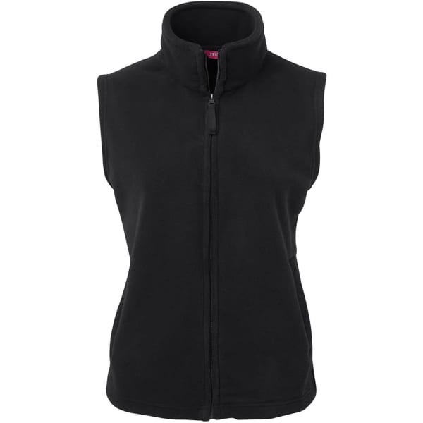 A black polar vest with a high collar and zip front, featuring a logo on the front.