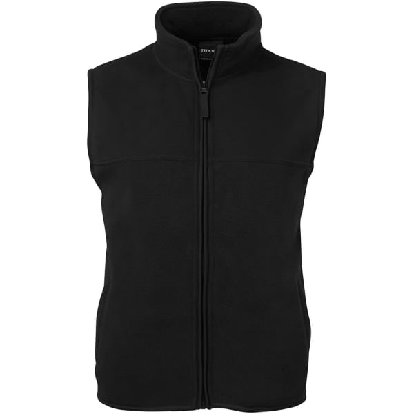 A black polar vest features a zip front and a high collar. The design includes two front pockets and has a logo.