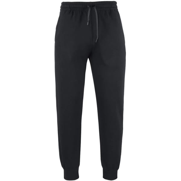 A pair of black jogger pants with an elastic waistband and cuffs, featuring side pockets.
