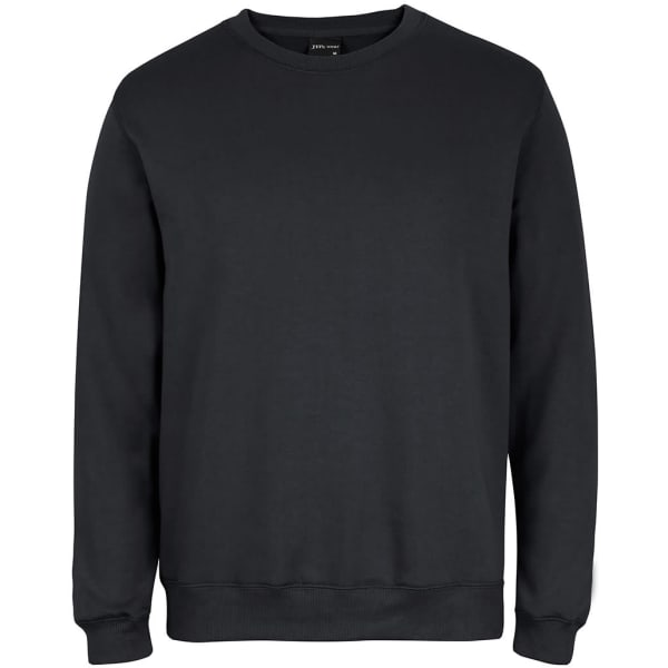 A black sweatshirt with a round neckline and long sleeves, featuring a plain design and a subtle logo.