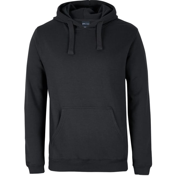 A black hoodie with a front pocket and drawstring hood. The design is simple and features a logo.
