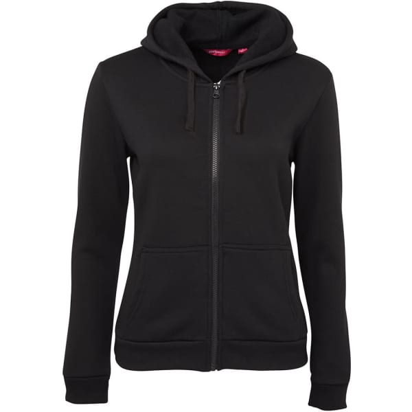 A black ladies' full zip hoodie with a hood, featuring pockets and an unobtrusive logo.