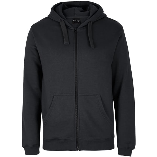 A black zip-up hoodie featuring a front pocket and drawstring hood. It has a branded label inside.