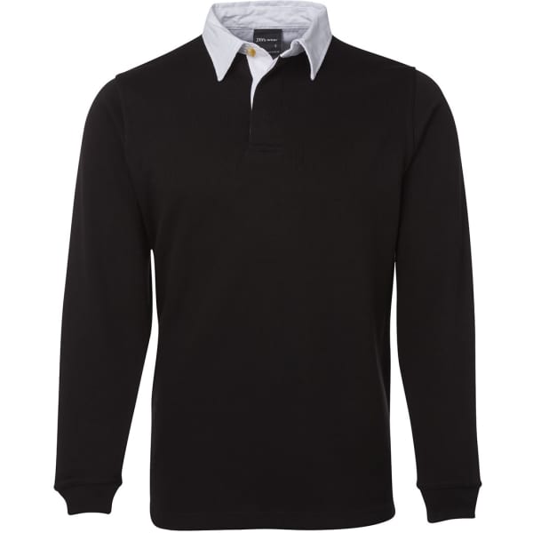 A black long-sleeve polo shirt featuring a white collar and a small logo on the chest.