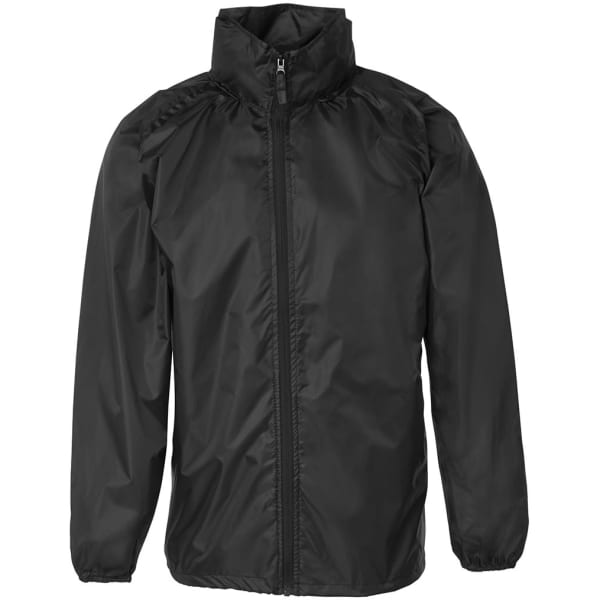 A lightweight black jacket featuring a zip front and high collar, designed for wind and water resistance.