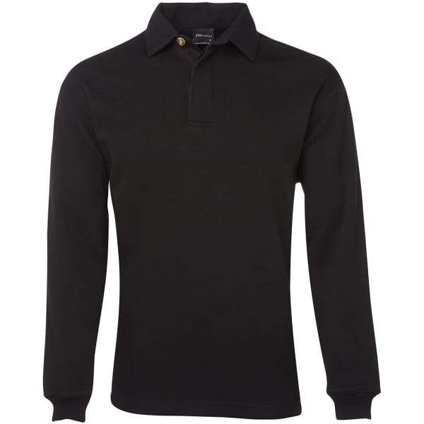 A black rugby shirt with a collared neckline and long sleeves. The shirt features a logo on the chest.