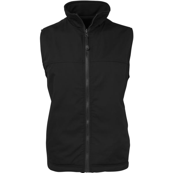 A black reversible vest with a high collar and front zipper. It features a logo on one side.