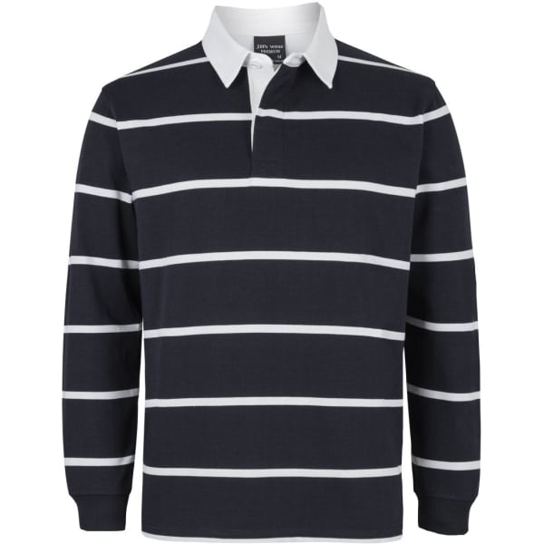 A navy and white striped rugby shirt featuring long sleeves and a collared neckline. It has a logo on the chest.