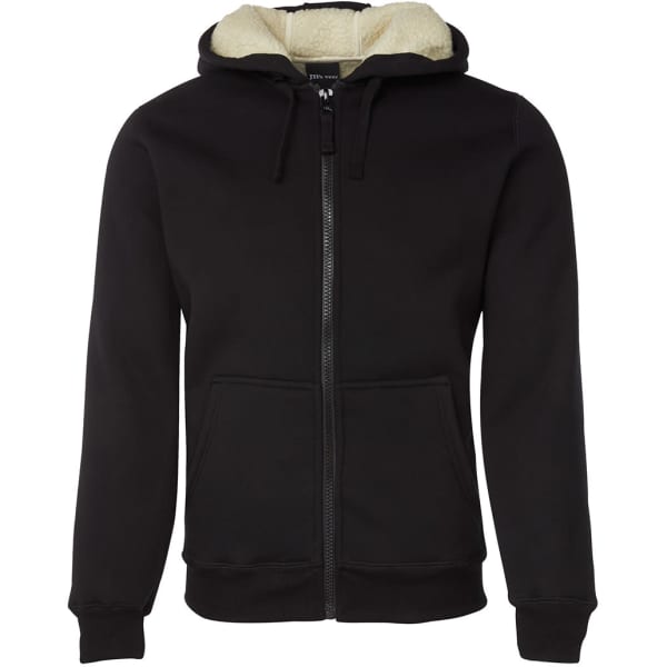 A black hoodie with a natural-coloured fleece-lined hood and front pockets, featuring a zip closure and logo.