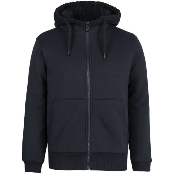 A navy hoodie featuring a full zip, fluffy hood lining, and front pockets. It also has a logo on it.