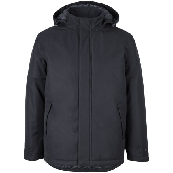 A black jacket with a hood, featuring front pockets and a zip closure. The interior has a contrasting colour.