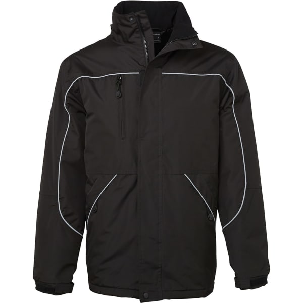 A black jacket featuring white piping, multiple pockets, and a zippered front, with a logo on the chest.