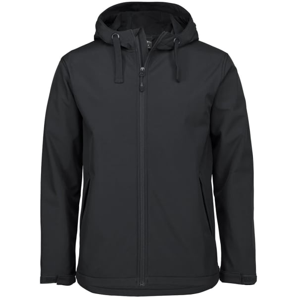 A black three-layer hooded softshell jacket featuring a front zipper and adjustable hood. It has a logo on the garment.