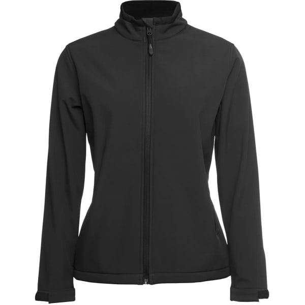 A black three-layer softshell jacket with a zip front and stand-up collar, featuring a logo.