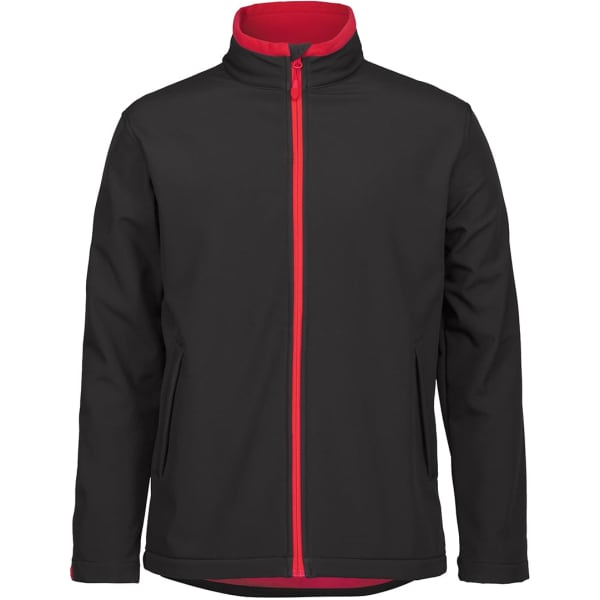 A black jacket with a red inner lining and zips, featuring two front pockets and a stand-up collar.