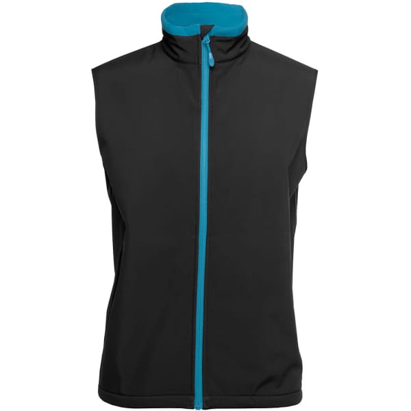A three-layer softshell vest in black with a blue zip and collar. It features a logo on the front.