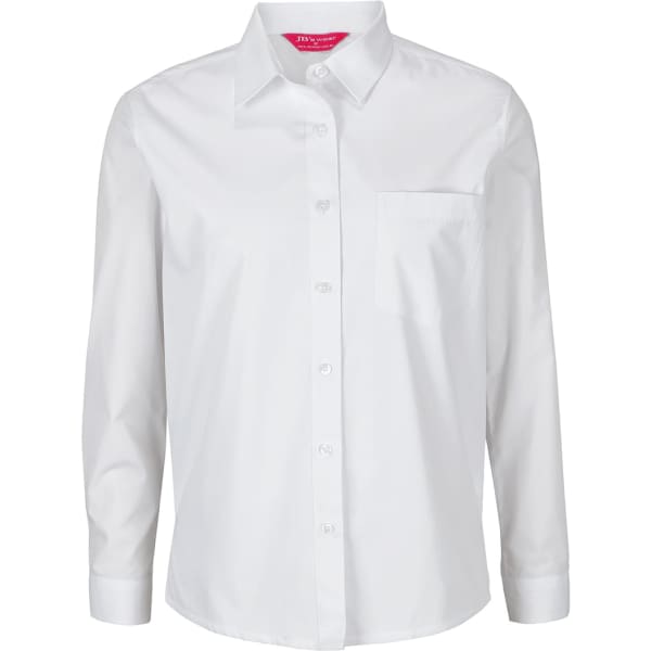 A white long-sleeved shirt features a button-up front and a single chest pocket. It has a logo on the collar.