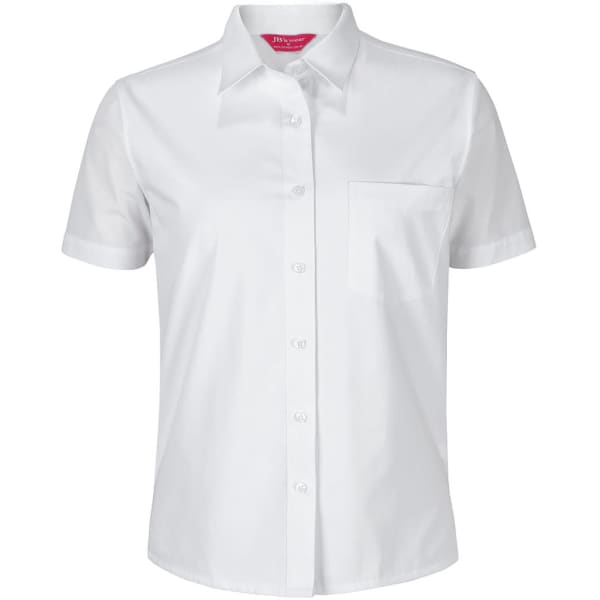 A white short-sleeved shirt with a button-up front and a single chest pocket. Includes a logo.