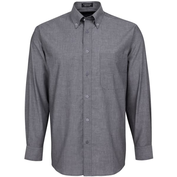 Light blue long-sleeve chambray shirt with a button-down collar and chest pocket. Features a logo.