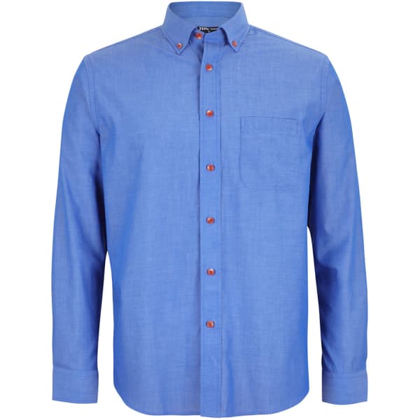 A long-sleeved indigo chambray shirt with a button-down collar and a chest pocket. Features contrasting buttons.