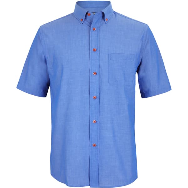 A short-sleeved indigo chambray shirt featuring a button-up front and a chest pocket, with contrasting buttons.