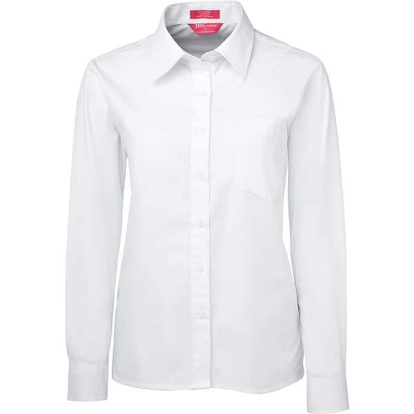A white long-sleeve poplin shirt for women featuring a button-up design and chest pocket. It has a logo.