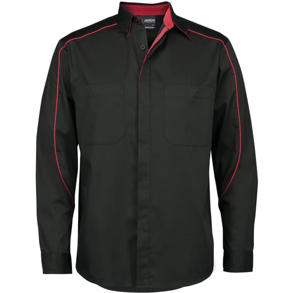 A long-sleeve industry shirt in black with red piping and two front pockets. It features a branding logo.