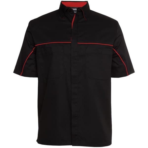 A black and charcoal short-sleeved shirt with red piping and two chest pockets. Features a logo on the shirt.