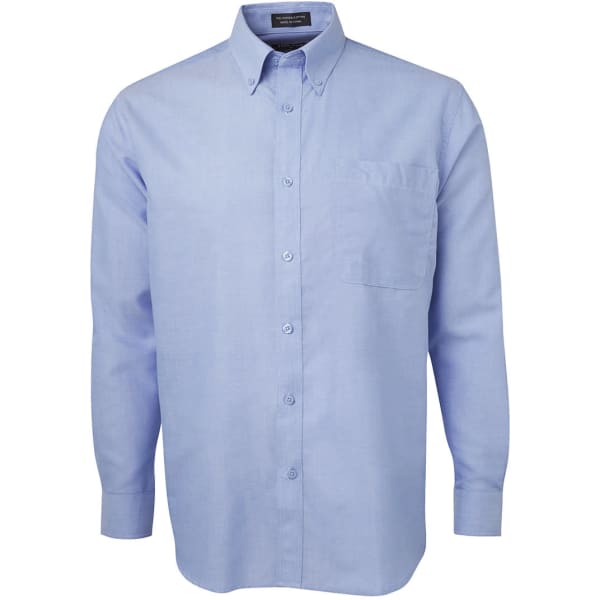 A long-sleeve Oxford shirt in light blue with a buttoned collar and single chest pocket. It features a logo.