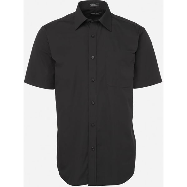 A black short-sleeved shirt with a button-up front and a pocket on the left chest, featuring a logo.