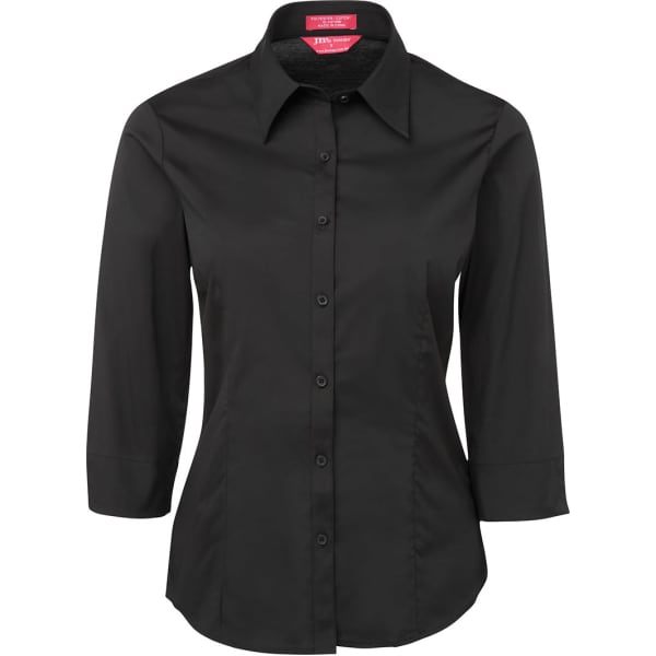 A black 3/4 poplin button-up shirt with a collar and front buttons, featuring a logo.