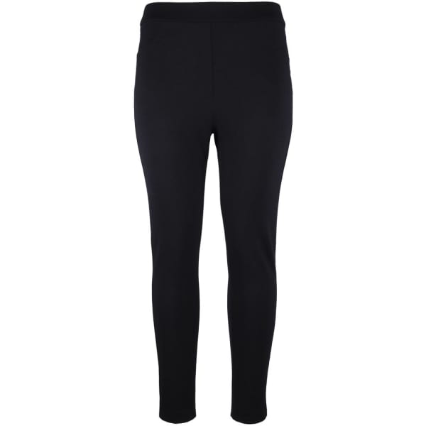 A pair of black ladies' ponte pants with a fitted style and waist band. Features a logo on the waistband.
