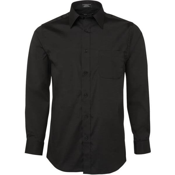 A long-sleeve poplin shirt in black with a front pocket and button-up design. It features a logo on the collar.