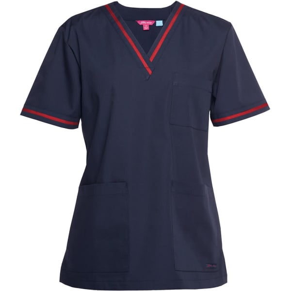 A navy ladies scrubs top with red contrast trim and two front pockets, featuring a branding logo.