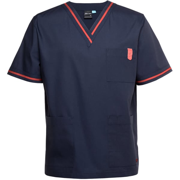 A navy unisex scrubs top with contrasting red trim and a logo. It features a pocket and two side pockets.