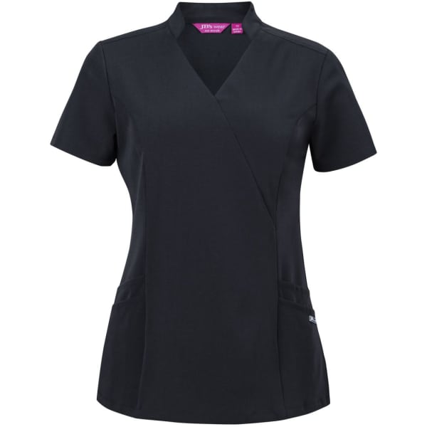 A black scrub top with a Mandarin collar, featuring short sleeves and pockets, and includes a branding logo.