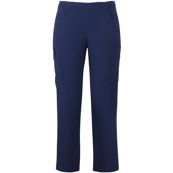 A pair of navy cargo pants with multiple pockets and an elastic waistband, featuring a logo.