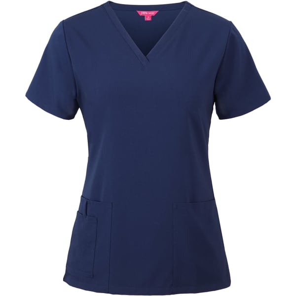 A navy scrub top with short sleeves, featuring a V-neck and two front pockets. It has a logo on the neckline.