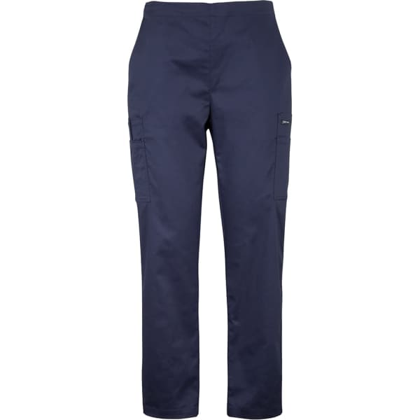 Navy blue cargo pants with pockets, featuring a branding logo. Designed for women's premium scrub wear.