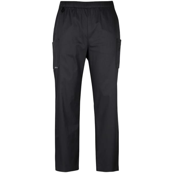 A pair of black unisex cargo pants with side pockets and an elastic waistband. Features a branding logo.