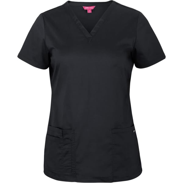 A black scrub top with a V-neck, short sleeves, and two front pockets. Features a logo on the side.