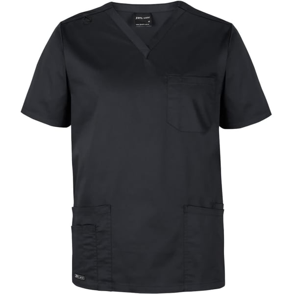 A black unisex premium scrubs top featuring short sleeves and multiple pockets. The top has a logo.