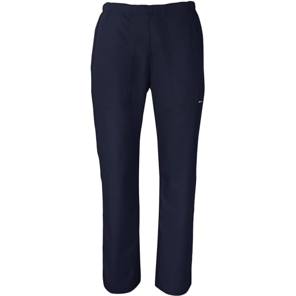 Navy scrub pants with a straight leg cut, featuring an elastic waistband and a logo. Suitable for professional wear.